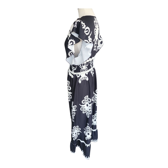 Black and White Floral Midi Dress V Neck Flutter Sleeve XL - Picture 5 of 7